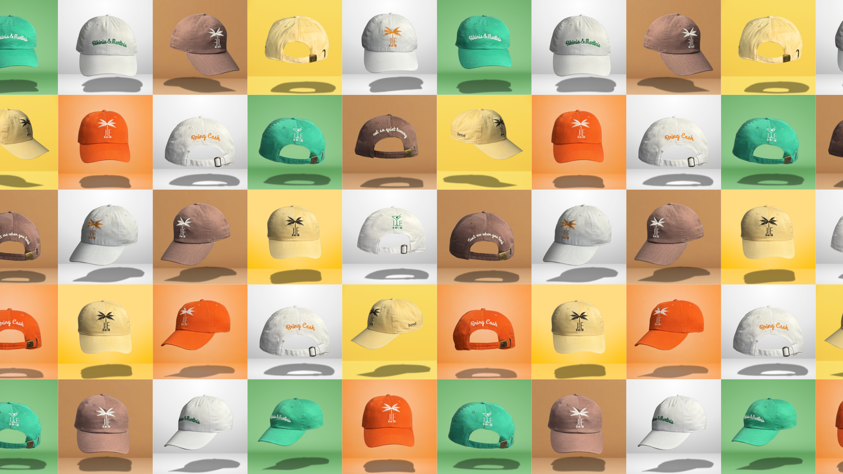 Je Swim core collections catchphrases and baseball hat in Green, yellow, white and brown.