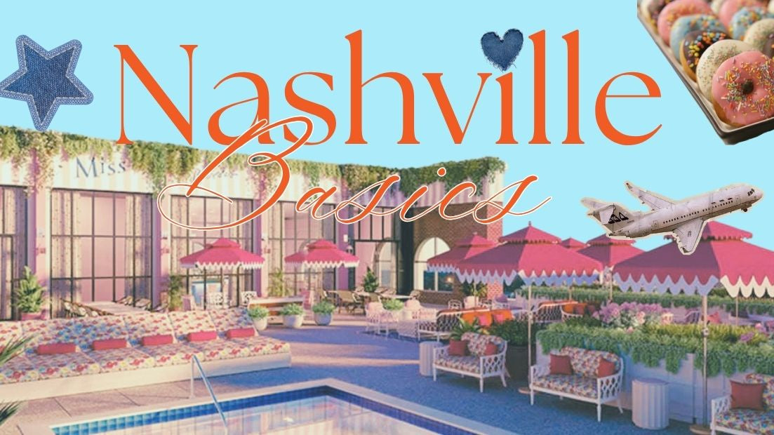Promotional image for Nashville with a pool area, building, and donuts.