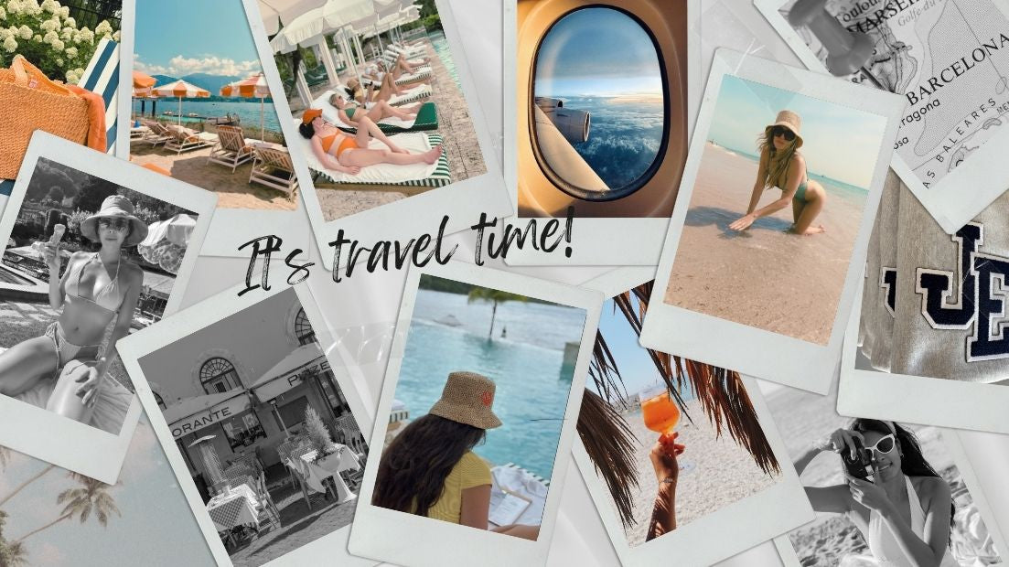 Summer travel collage with beach, pool, and resort-style fashion imagery
