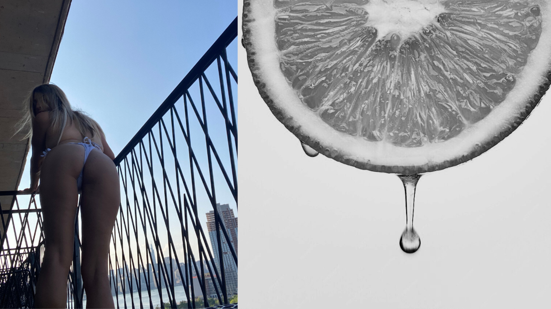 Person in a white Je Swim bikini standing on the balcony in Brooklyn NY,