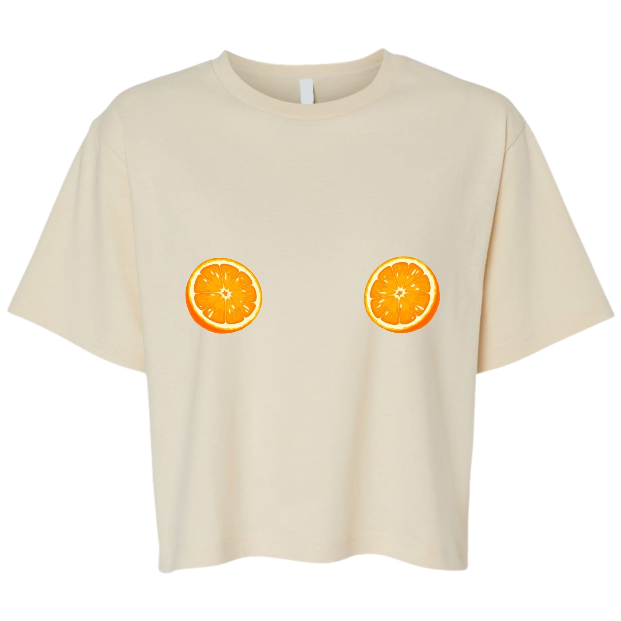Je Swim Cream colored cropped t-shirt with two orange slice graphics positioned on the chest area, displayed on a clean white background.