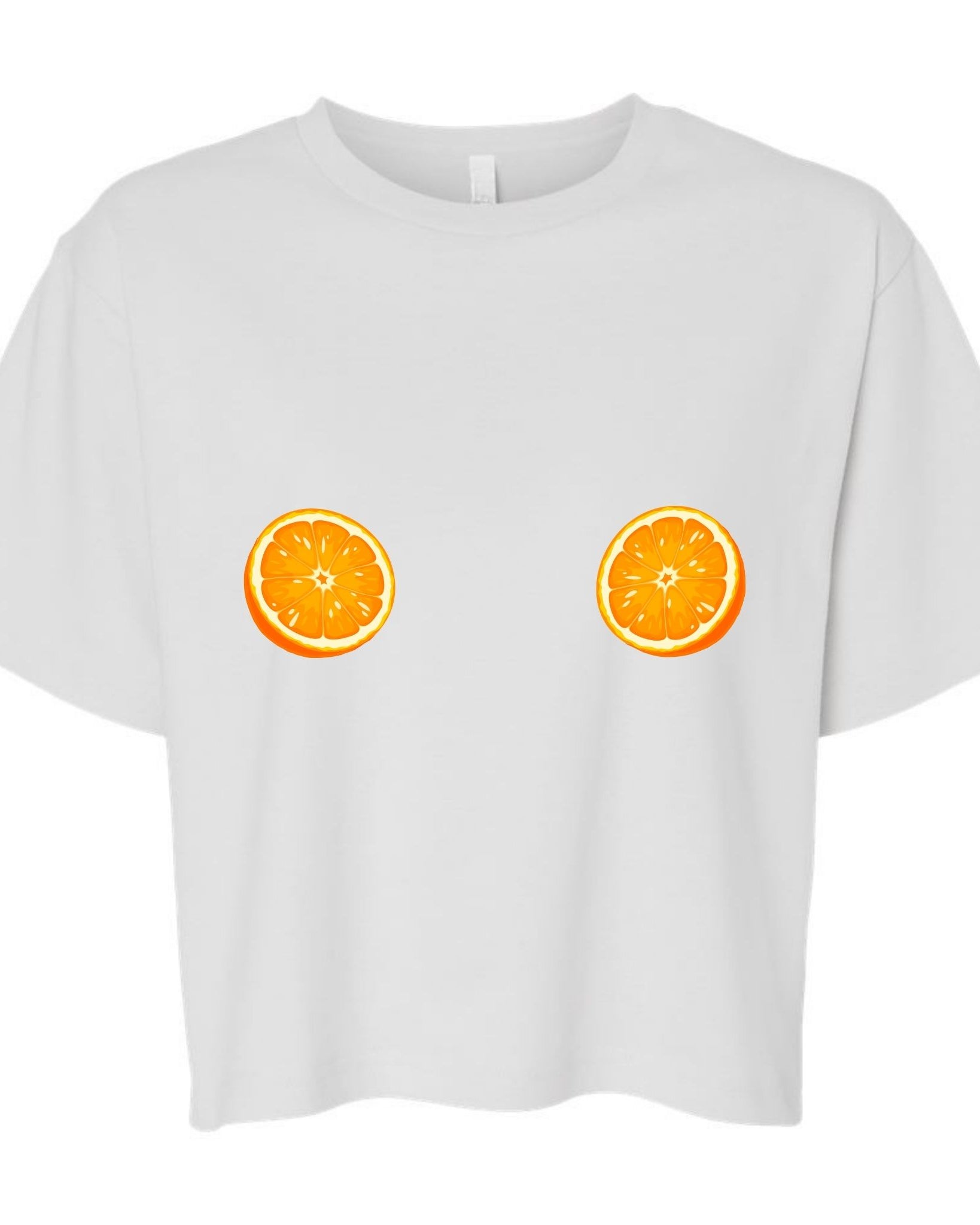 Je Swim white colored cropped t-shirt with two orange slice graphics positioned on the chest area, displayed on a clean white background.