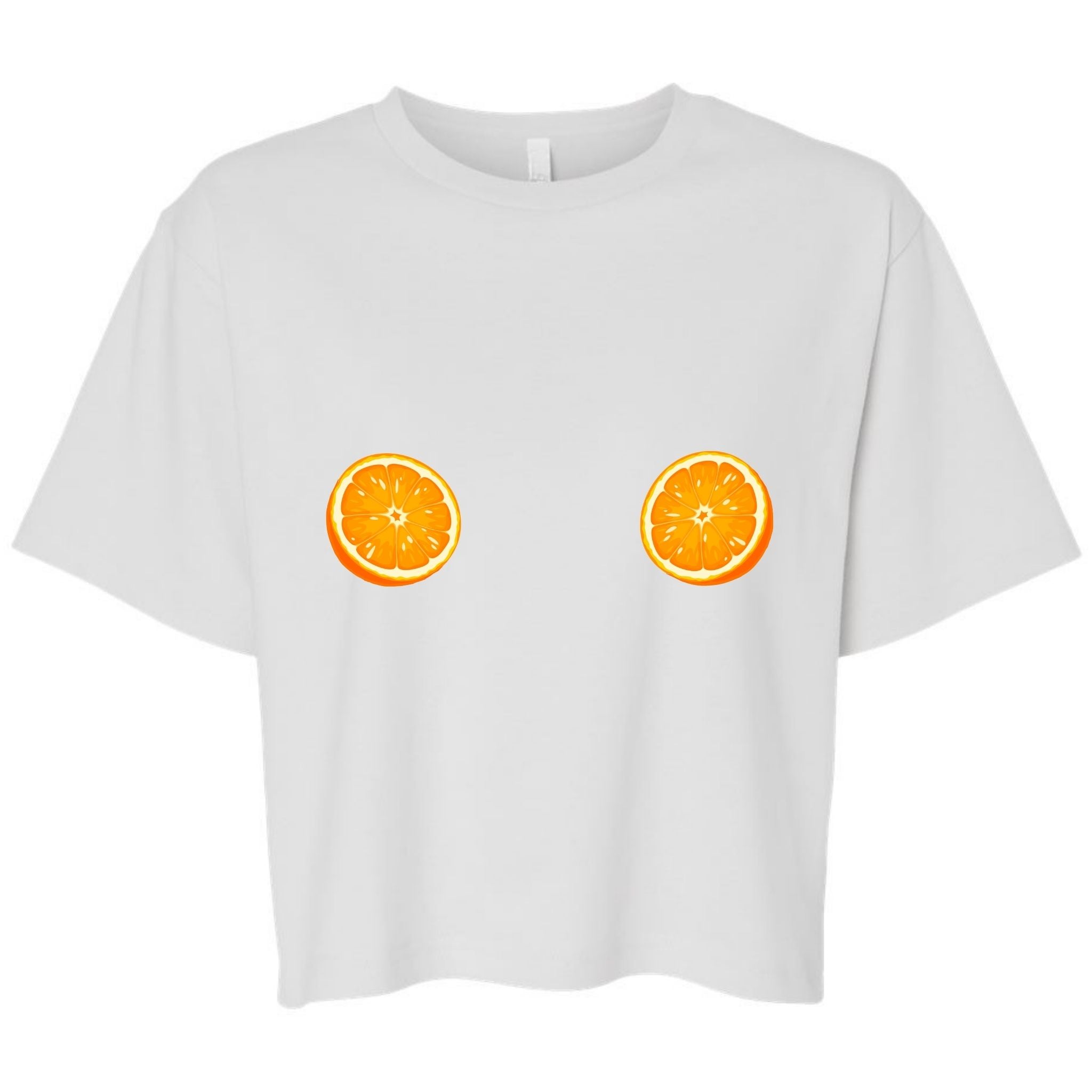 Je Swim white colored cropped t-shirt with two orange slice graphics positioned on the chest area, displayed on a clean white background.