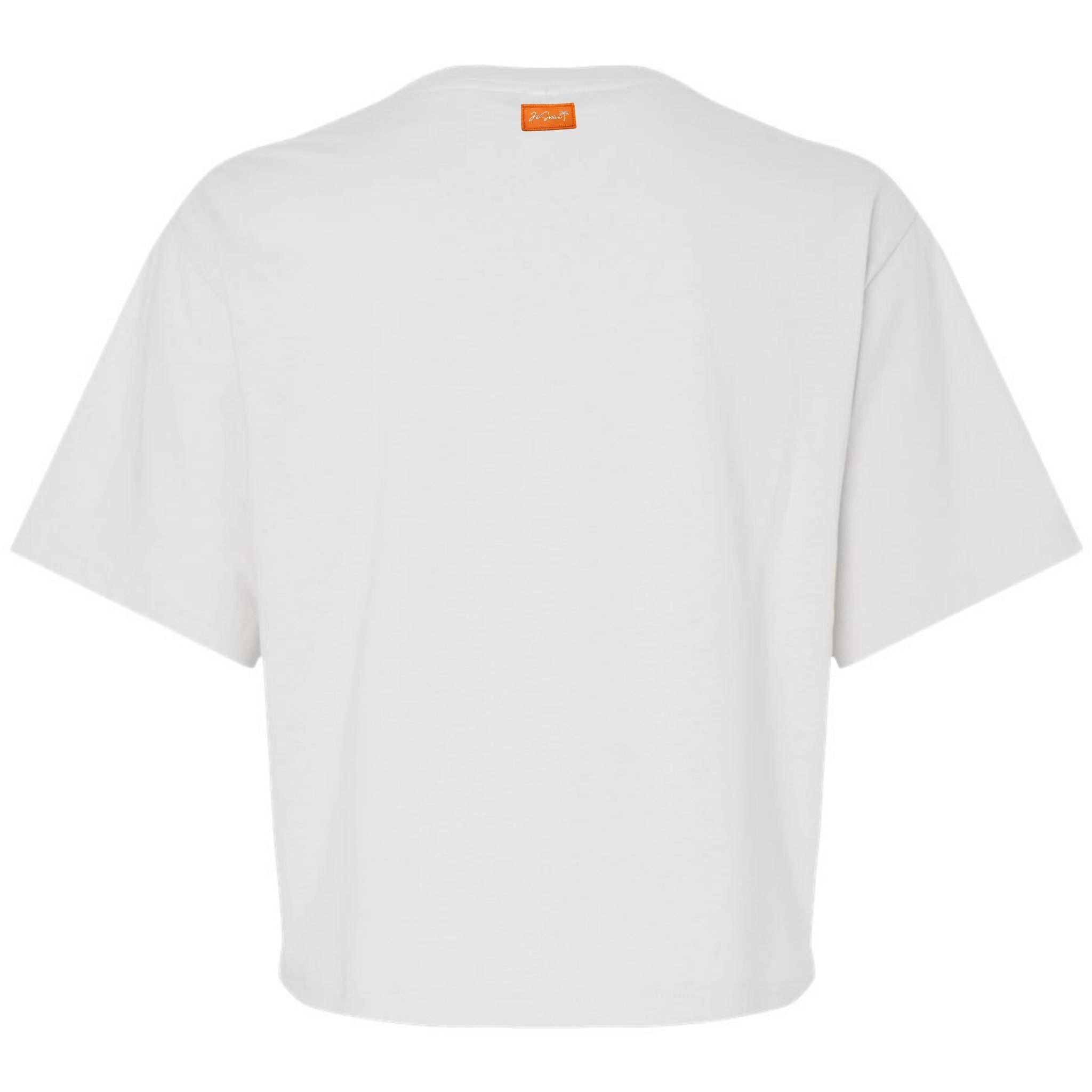 Back view of white cropped t-shirt showing orange 'JE' logo label at the neck, displayed on a clean white background.