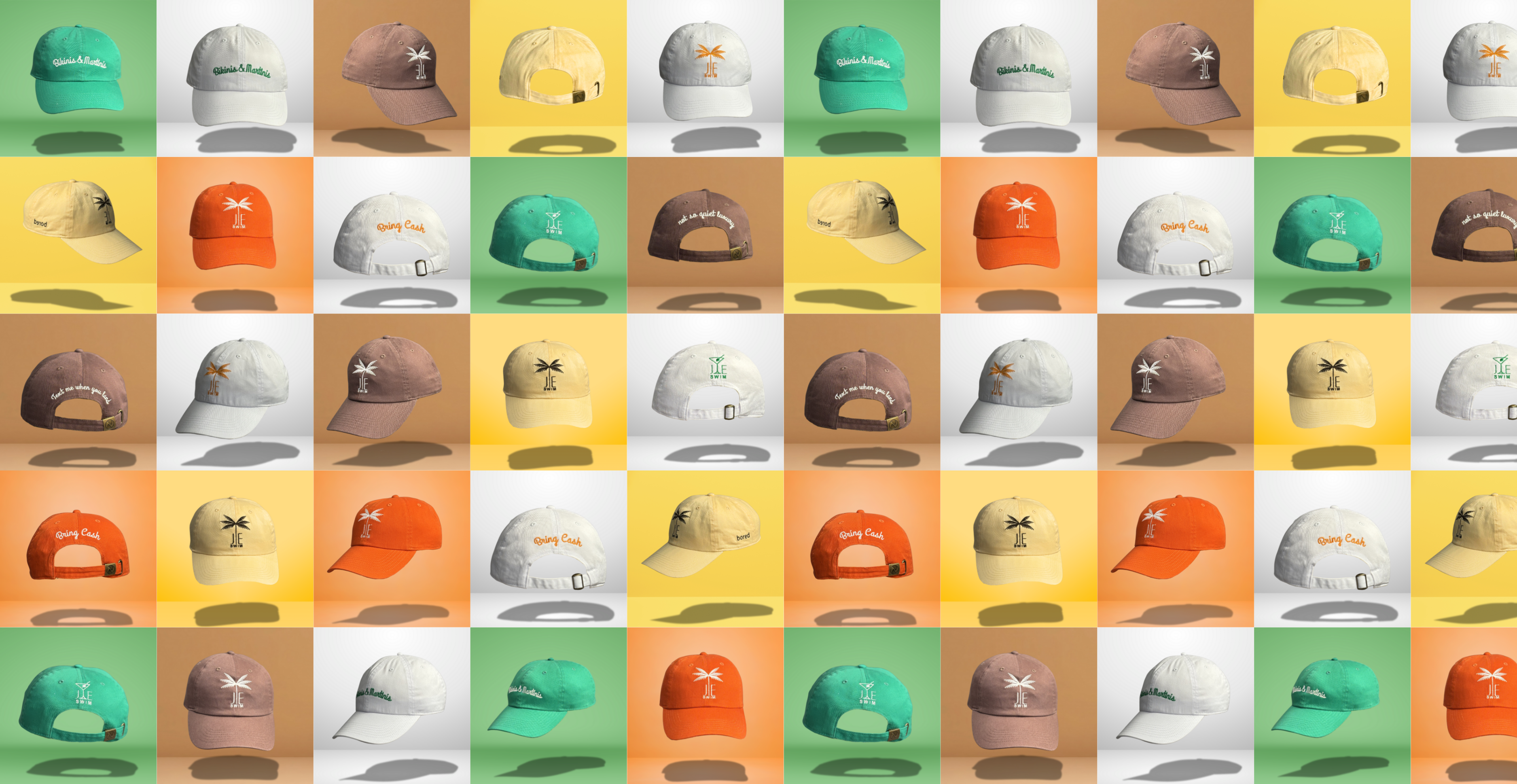 Je Swim core collections catchphrases and baseball hat in Green, yellow, white and brown.