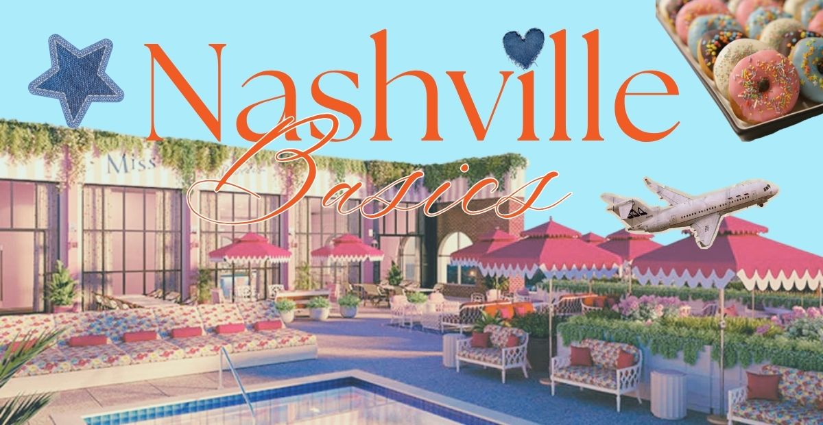 Promotional image for Nashville with a pool area, building, and donuts.