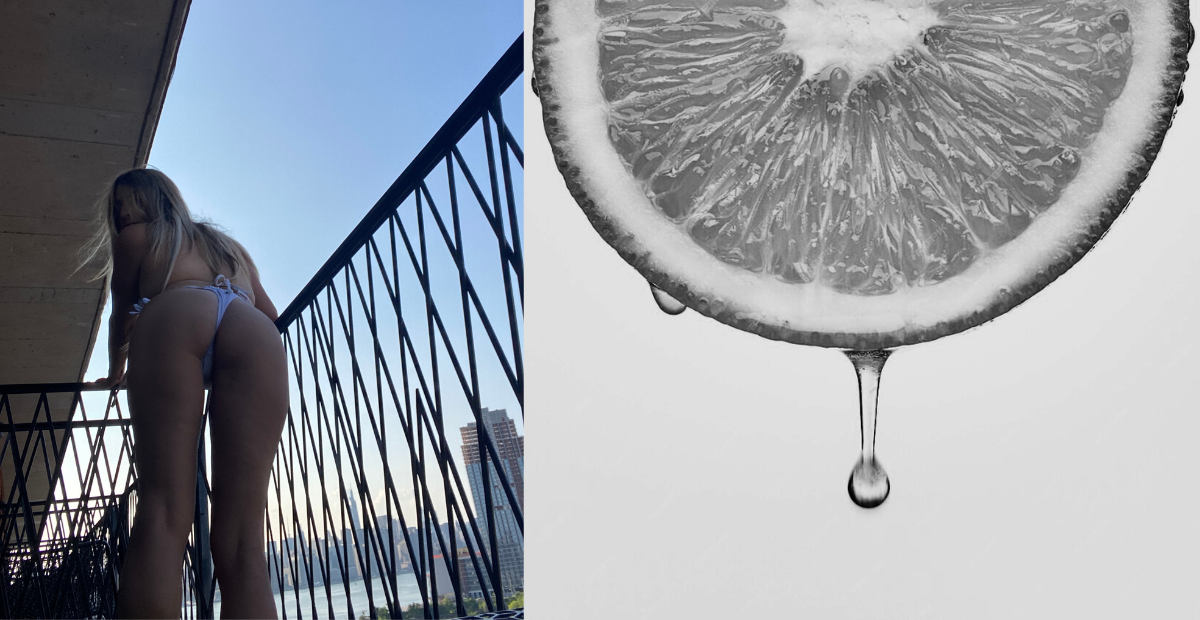 Person in a white Je Swim bikini standing on the balcony in Brooklyn NY, 