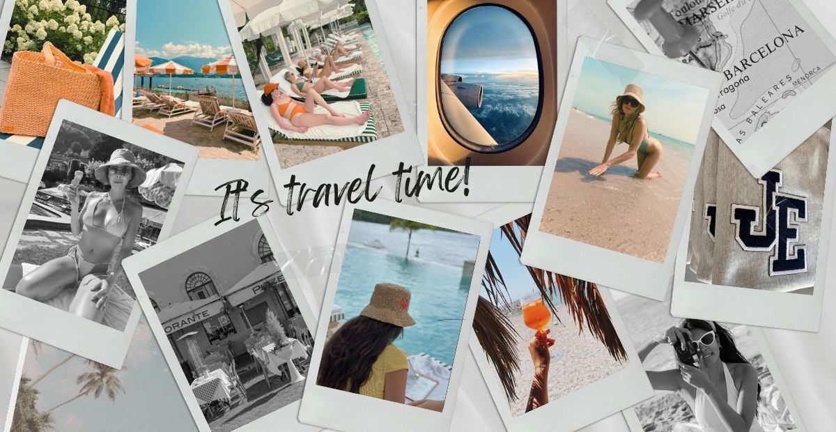 Summer travel collage with beach, pool, and resort-style fashion imagery.