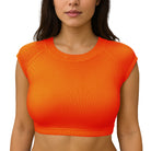 front of the Orange ribbed swim crop top on white background