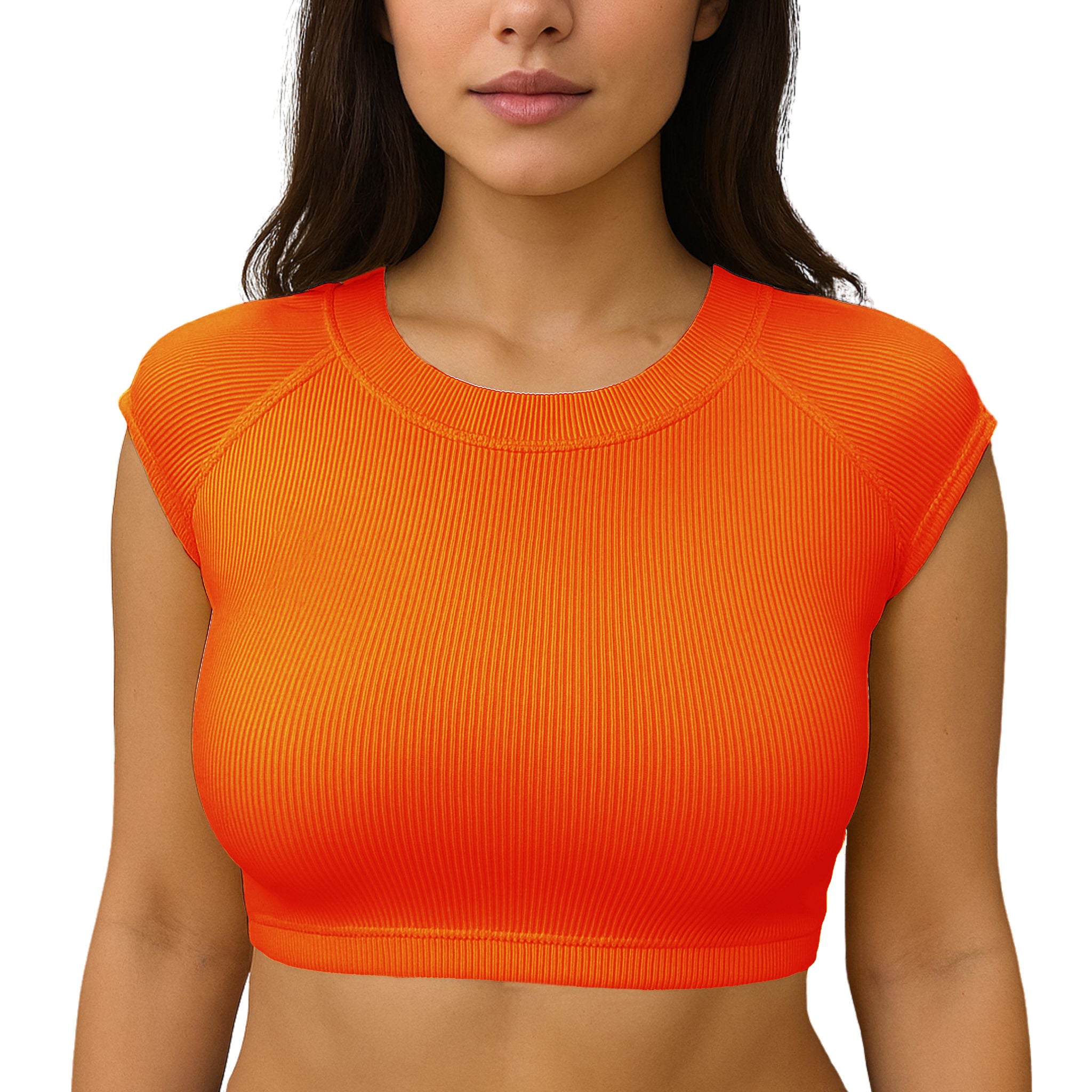 front of the Orange ribbed swim crop top on white background