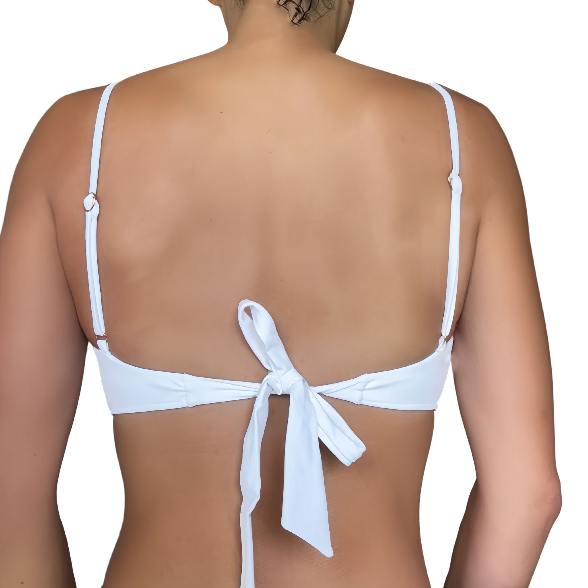 White bikini top with a tie back and adjustable straps on a white background