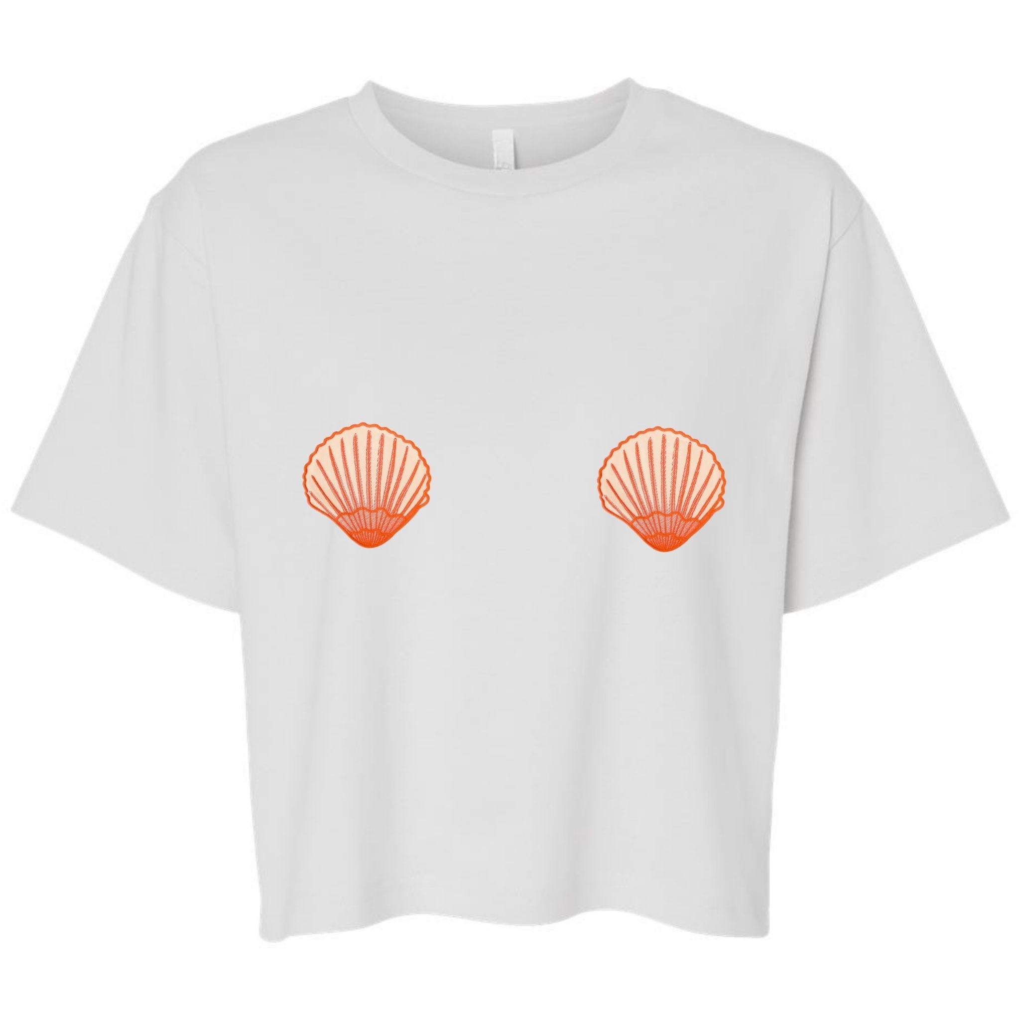 White cropped t-shirt with two orange seashell graphics positioned on the chest area, displayed on a clean white background.