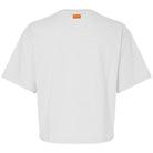 Back view of white cropped t-shirt showing orange 'JE' logo label at the neck, displayed on a clean white background.