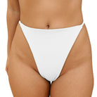 White Only Fans G-String Bikini Bottom on a person against a white background