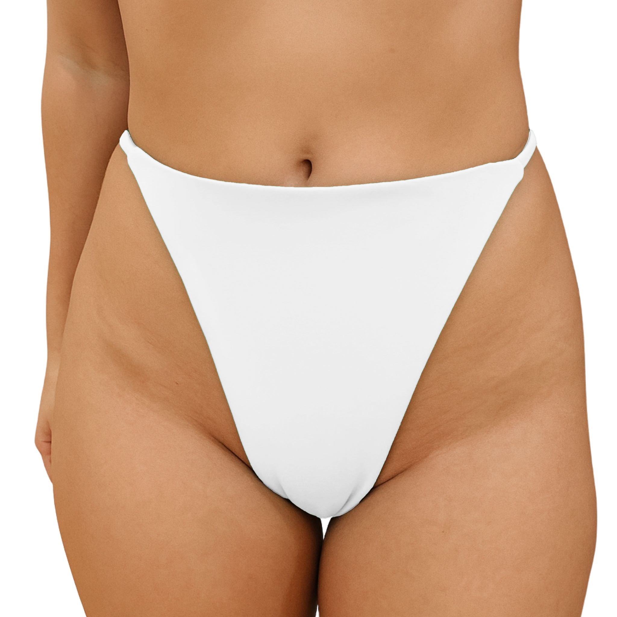 White Only Fans G-String Bikini Bottom on a person against a white background
