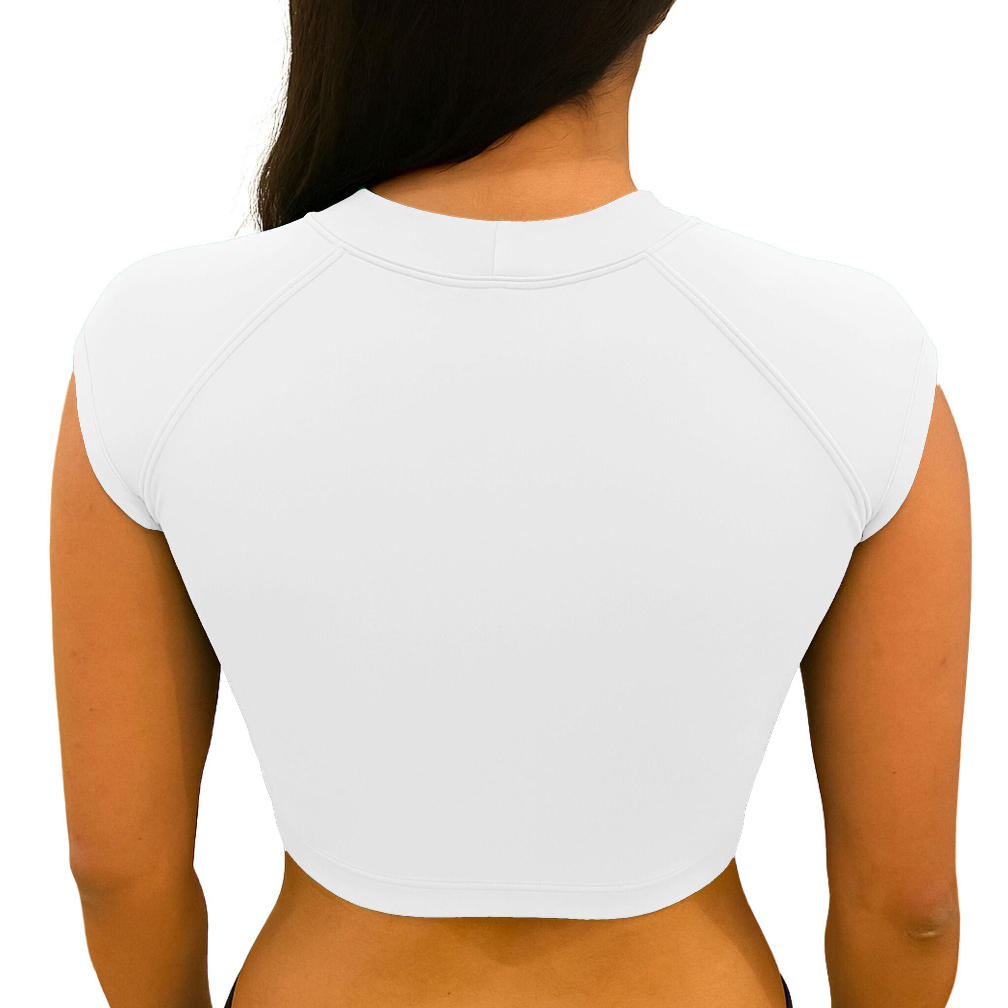 Back of the White swim crop top with cap sleeves.