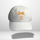  White JE Swim baseball cap with an orange palm tree logo.