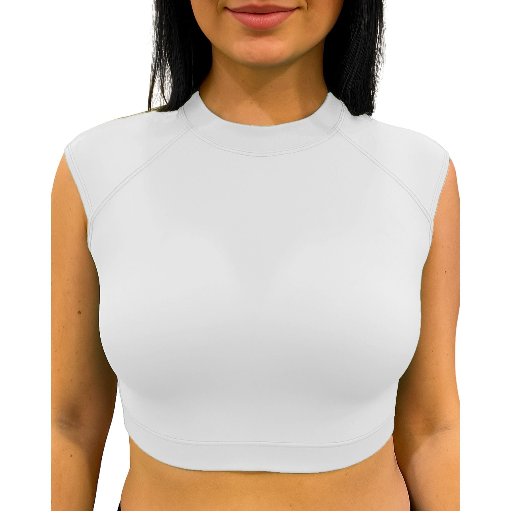 front of the White swim crop top with cap sleeves.
