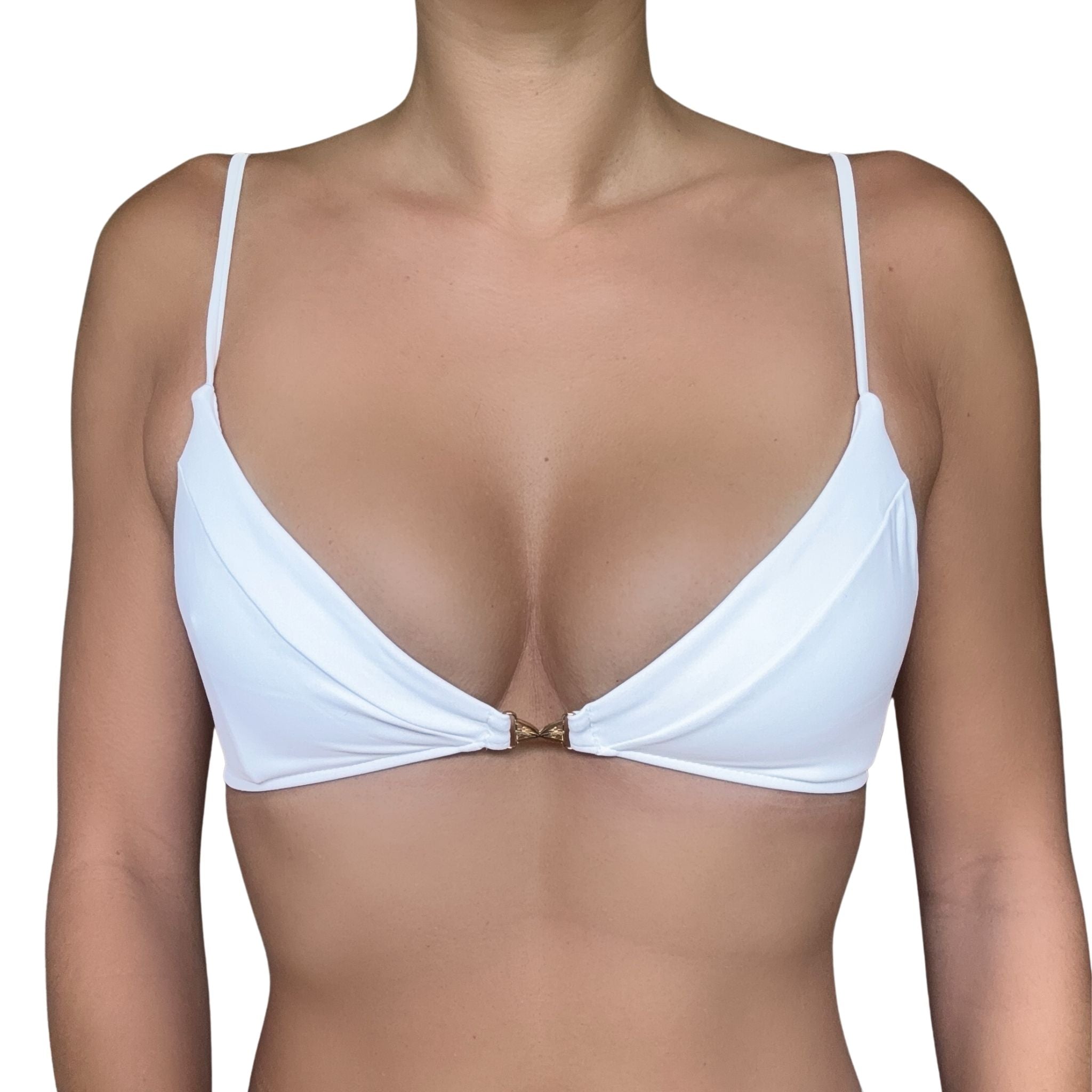 White bikini top with palm tree charm on a white background
